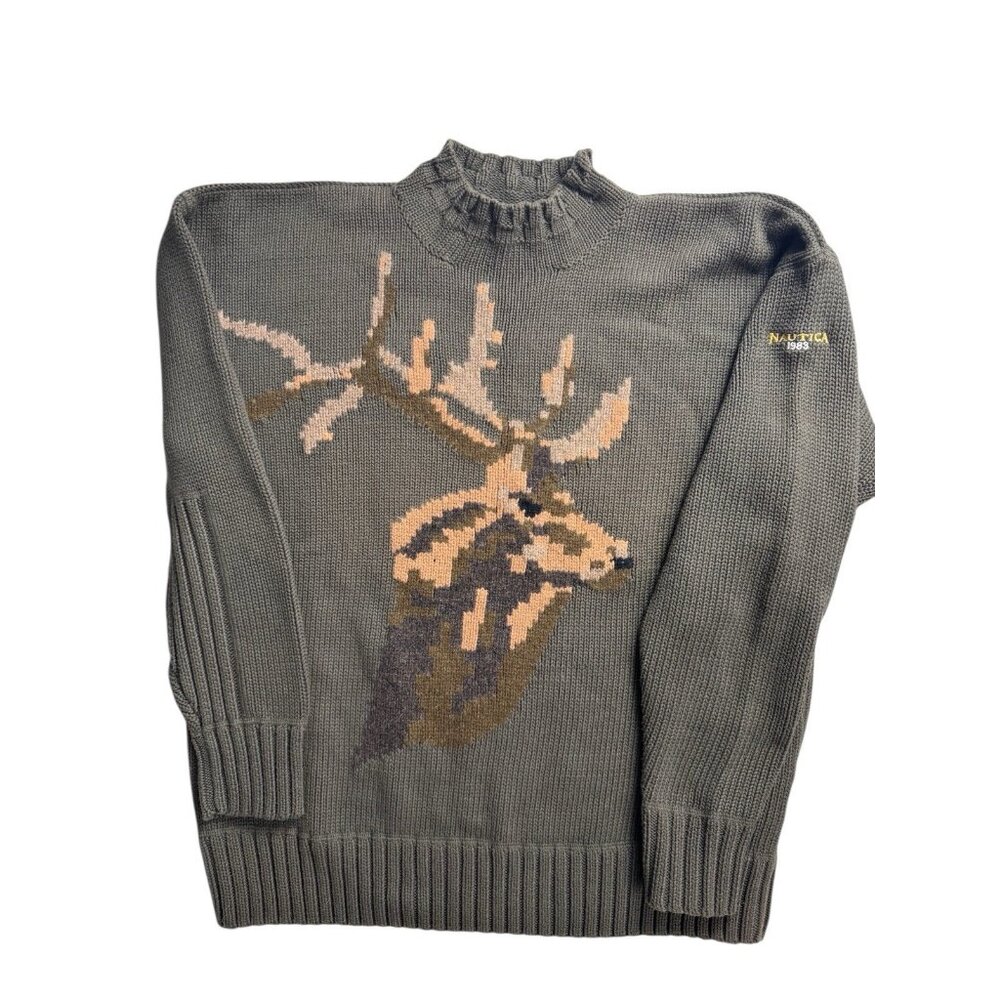 Vintage 90s Nautica Heavy Knit Sweater Camo‎ Deer Medium